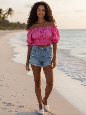 Zara bright pink puff sleeve ruched crop top, S, Fun Flirty Girly Vacation